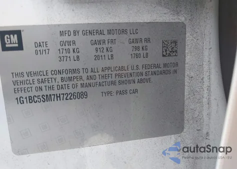 2017 Chevrolet Cruze Ls Auto из США, поврежденный, VIN 1G1BC5SM7H7226089